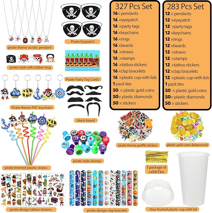 Spakon 283 Pcs Pirate Party Favors Supplies Halloween Party Include Pirate Pendants Bracelets Cup Straw Keychains Rings Eye Masks Mustache Tattoo Stickers Gold Coins Cards for Birthday Party