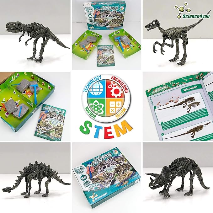 Science4you Dinosaur Fossil Excavation Kit 4 in 1 - Fossil Digging Kit for Kids, Build 4 Dinosaur Fossils, 46 Pieces, Archeology Set, Hunting Kit - Dinosaur Toys, Games for Boys and Girls Age 6+