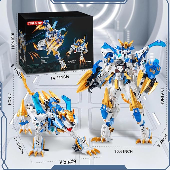 Mech Building Blocks Action Figure Toys, 2in1 White Tiger Transforming Robot Building Set, Converts to Tiger Model, for Adults Kids Boys Ages 8+(515 Pieces) (White Tiger)