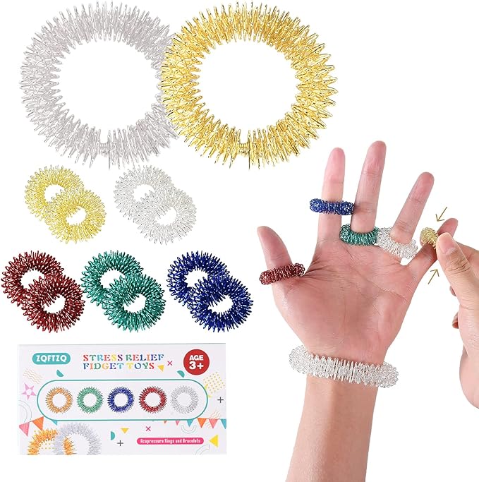 Spiky Sensory Finger Acupressure Rings - ADHD Silent Fidget Toys Pack, Bracelets Finger Set, Stress Relief Rings, Message Anxiety Ring, Quiet Fidget ADHD Tools for Kids Adults Stress Reducer