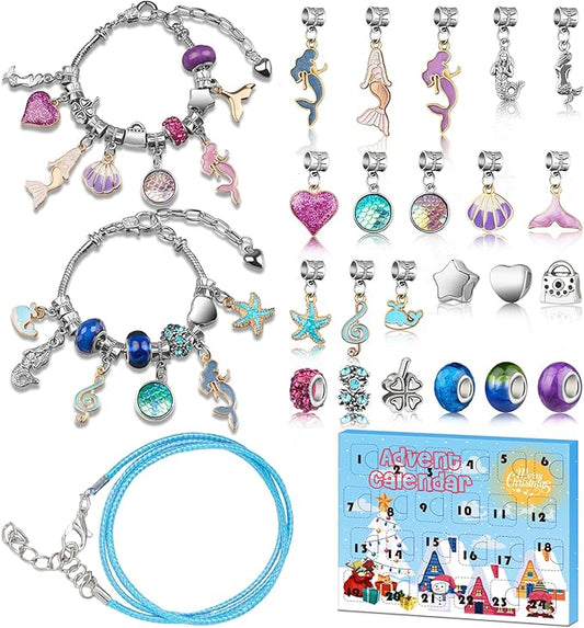 Christmas Advent Calendar 2024, Advent Calendars for Kids/Girl/Teens/Teenagers/Adult Women, Little Mermaid Charm Bracelet Jewelry Making Kit for Girls Crafts Mermaid Accessories, Gift for Girls 6-12