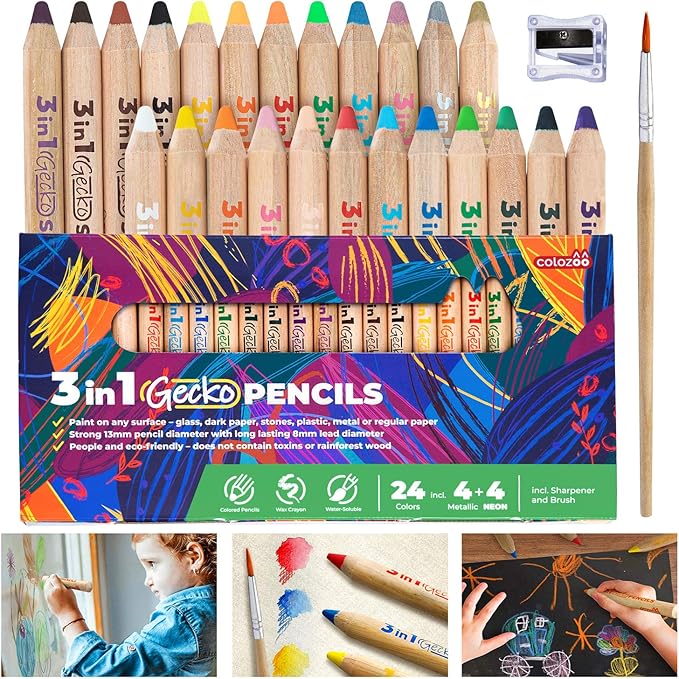3 In 1 Colouring Pencils | 24 Colours Set inc. Brush And Sharpener | Non-Toxic And Vegan Colours For Ages 3 And Up