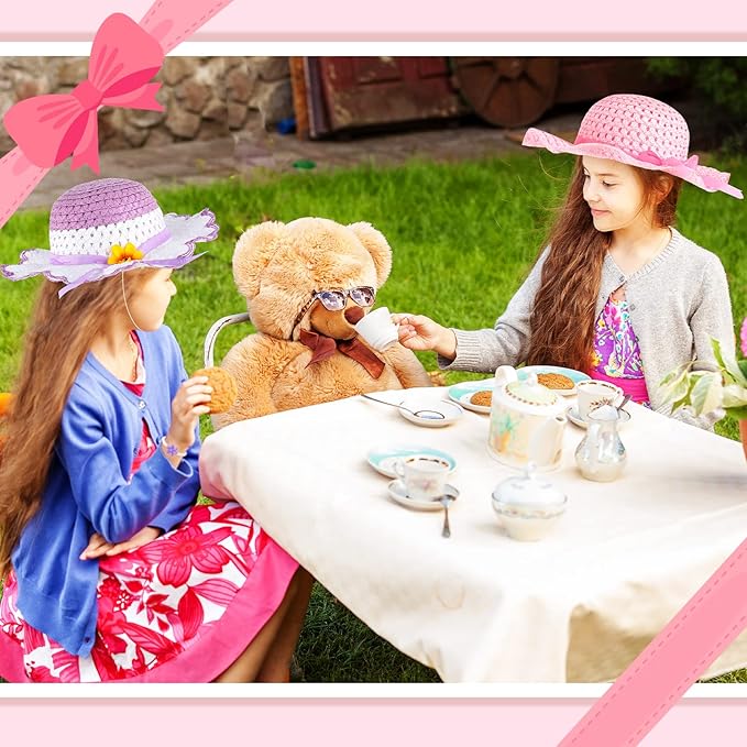 Zhanmai 4 Pcs Christmas Girl Tea Party Hats Straw Hat for Girls Sun Dress up Hats for Kids Toddlers with 4 Pcs Pearl Bracelets for Children Costume Birthday Party Supplies Christmas Beach Travel Gifts