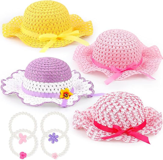 Zhanmai 4 Pcs Christmas Girl Tea Party Hats Straw Hat for Girls Sun Dress up Hats for Kids Toddlers with 4 Pcs Pearl Bracelets for Children Costume Birthday Party Supplies Christmas Beach Travel Gifts