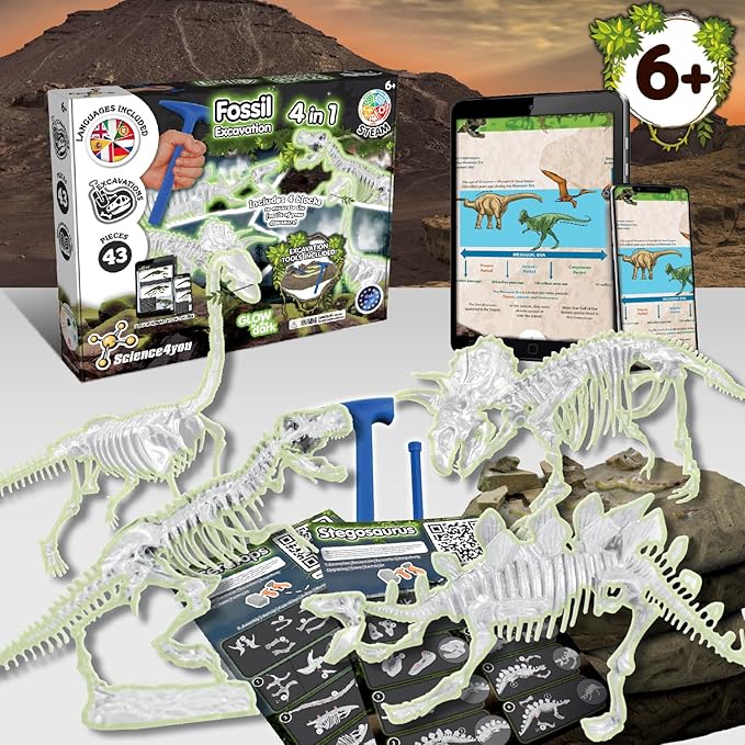 Science4you Dino Excavation Set 4 in 1 - Fossils Excavation Set for Children from 6+, Glows in The Dark, Dinosaur Game and Dino Gift for Boys and Girls from 6 7 8 9+