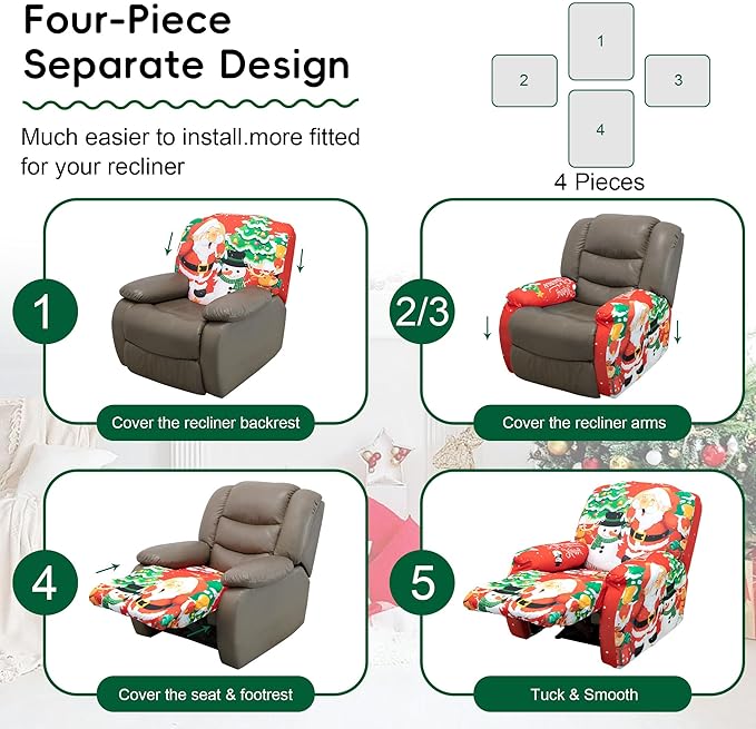 Recliner Chair Covers Christmas Recliner Slipcover Furniture Protector for Recliner with Elastic Bottom 4 -Pieces Stretch Lazy-Boy Recliner Slipcover with Side Pocket Anti-Slip (Christmas Red)