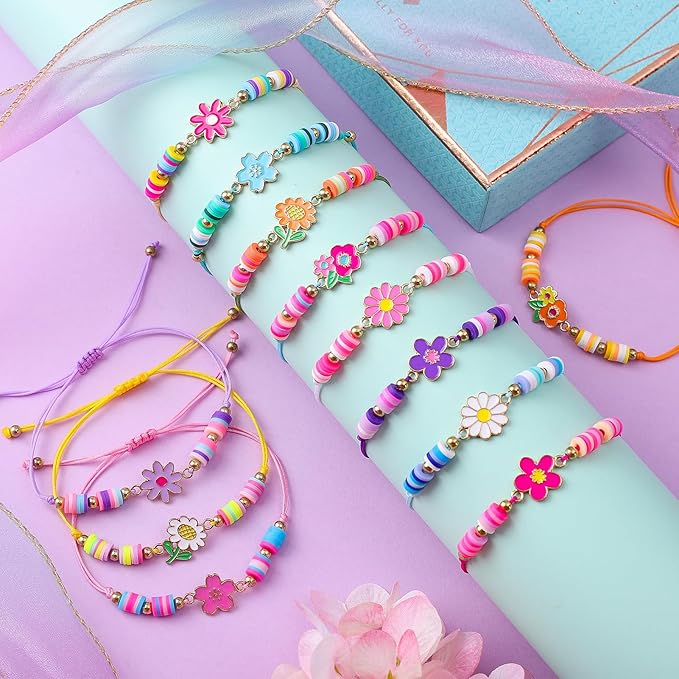 12 Pcs Kids Bracelet for Girls Toddler Jewelry Groovy Flower Princess Party Favors Friendship Bracelets Adjustable Pretend Play Goodie Bag Classroom Reward