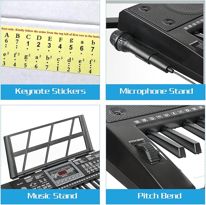61 Key Keyboard Piano for Beginners w/Stand Bench, Dual Power Mode, Lighted Keys in Follow Mode, 70 Demos, 200 Tones/Rhythms, Pitch Bend Metronome Sustain Sync Chord Dual Key Key Drum Program