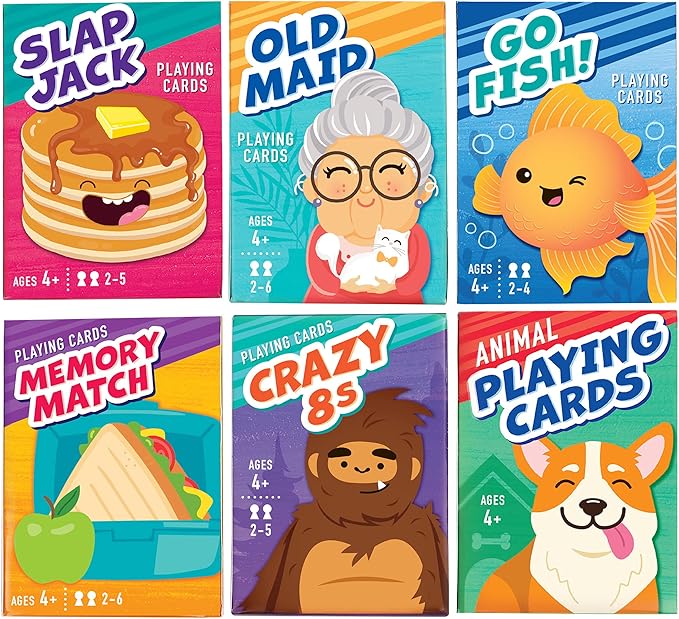 LotFancy Card Games for Kids, 6 Decks, Go Fish, Old Maid, Crazy Eights, Memory Match, Slap Jack, Animal Playing Cards, Easter Basket Stuffers, Stocking Stuffers