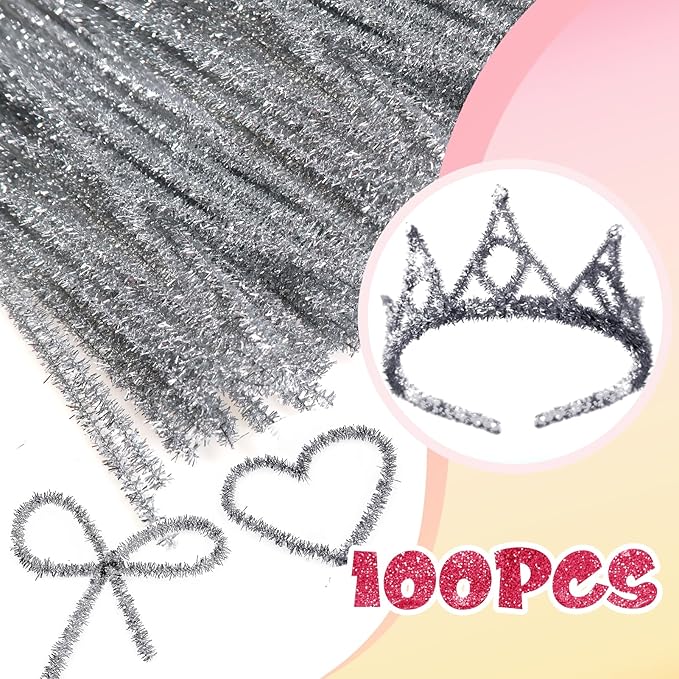 TOAOB 100pcs Christmas Glitter Pipe Cleaners Silver Metallic Pipe Cleaners Craft Supplies 6mm x 12 Inch Chenille Stems Pipe Cleaners for Art DIY Crafts Decorations