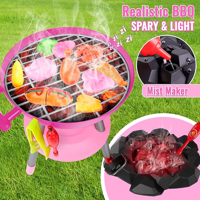 deAO Kids BBQ Grill Playset,36 Pcs Kitchen Toy with Realistic Smoke,Light,6Pcs Change Color Pretend Foods,Cutting Foods Toys,Interactive BBQ Toy Set for Kids