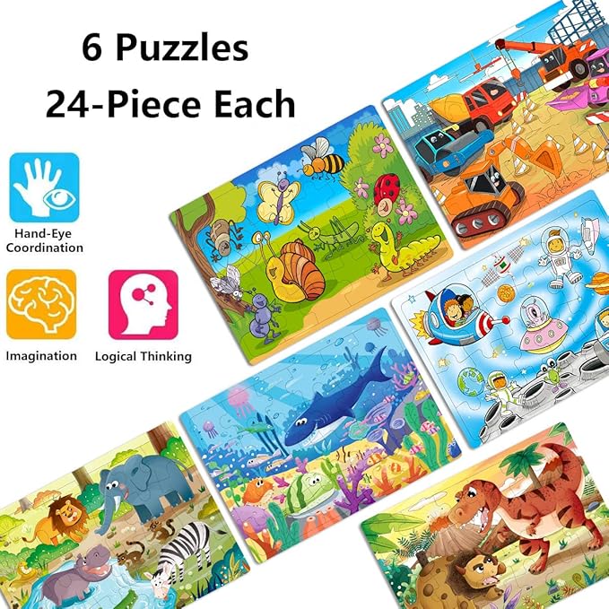 Puzzles for Kids Ages 3-5, 24 Piece Colorful Wooden Puzzles for Toddler Children Learning Educational Puzzles Toys for Boys and Girls (6 Puzzles)