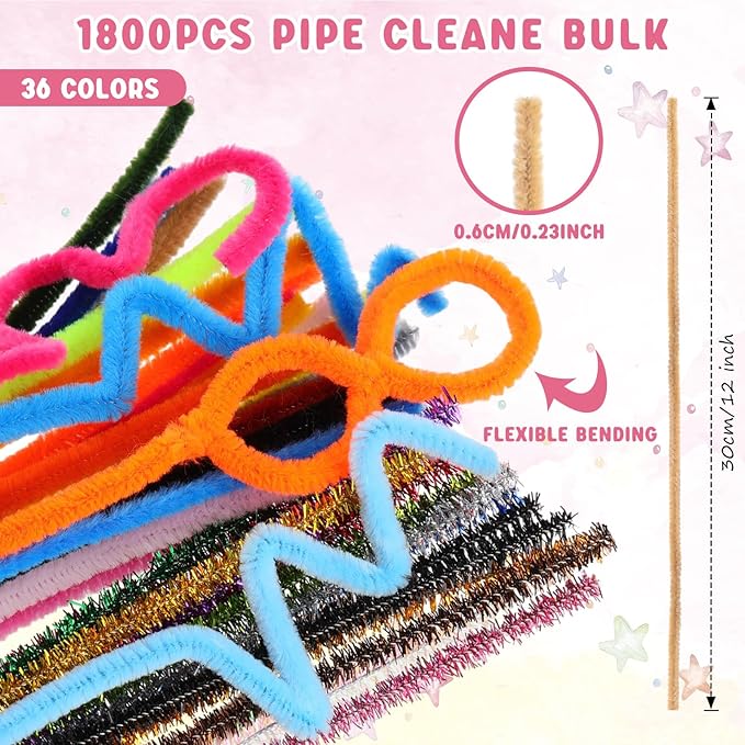 1800 Pcs Pipe Cleaners 6 mm by 12 Inch Chenille Stems Pipe Cleaners Craft Supplies Art Supplies for Kids Adults DIY Creative Decorations, 36 Assorted Colors (Stylish Color)