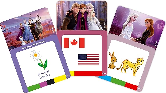LEXiBOOK, Frozen, Bilingual Interactive Card Reader, Spanish/English, 150 Double-Sided Educational Cards, Educational Quiz & flashcard Machine, Blue/Purple, JCR10FZi2