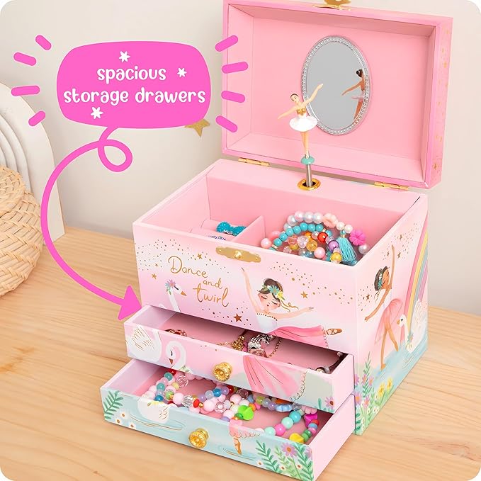 Musical Ballerina Jewelry Box for Girls - Kids Music Box with Spinning Ballerina, Ballet Birthday Gifts for Little Girls, Jewelry Boxes, 6.8 x 5.3 x 6 in - Ages 3-10, Pink