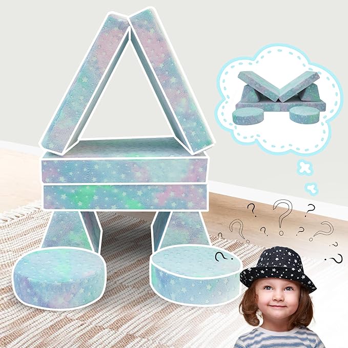 MeMoreCool Modular Glow Sofa for Kids, Colorful Star 8-Piece Convertible Foam Toddler Couch Play Set for Playroom and Children