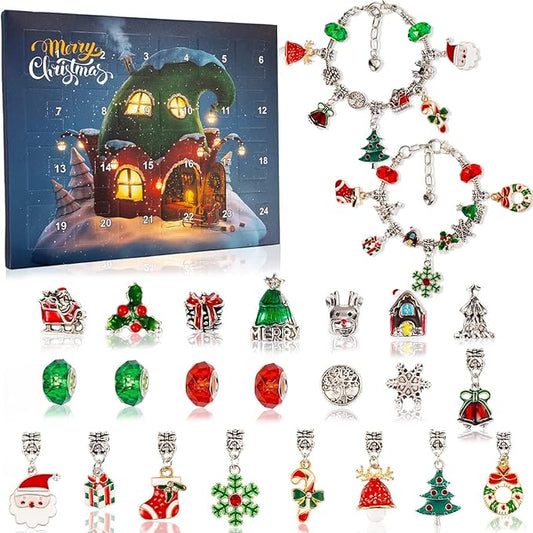 Christmas Advent Calendar Bracelets 2025 for Girls 24 Days Xmas Countdown Calendar DIY Jewelry Making Kit Gift 22 Charm Beads 2 Bracelets for Kids Teens Women
