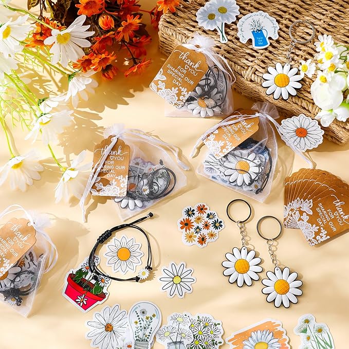 Tuanse 130 Pcs Daisy Party Favors Including Daisy Keychains Adjustable Daisy Bracelets PVC Daisy Stickers Thank You Kraft Tags Organza Bags for Birthday Spring Party Wedding School Reward