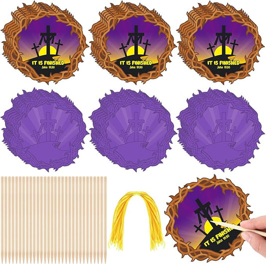 Liliful 60 Set Easter Crafts for Kids Religious Easter Cross Scratch Cards Colorful Scratch with 30 Wooden Scratch Tools Purple Crown of Thorns Crafts Kit for Kids Sunday School Holy Week Crafts