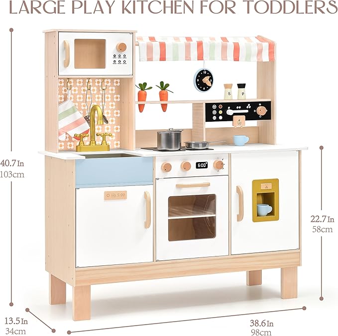 PairPear Play Kitchen for Kids, Wooden Toy Kitchen Set with Coffee Maker Ice Maker & Play Kitchen Accessories, Pretend Play Toddler Kitchen Toys Gift for Girls Boys 3+