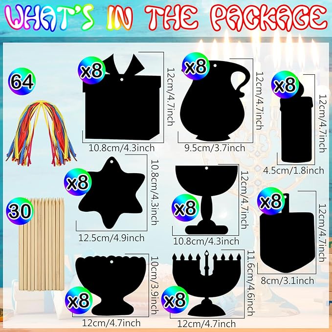 Qilery 64 Pcs Chanukah DIY Scratch Cards Set Hanukkah Party Supplies Favor Rainbow Color with Wooden Styluses Hanukkah Craft Kit for Kid Birthday DIY Art Hanukkah Themed Party Classroom Decor