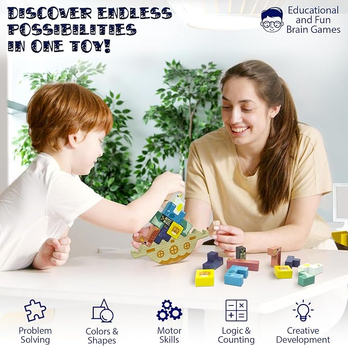 Wooden Blocks Puzzle 35 Pcs Tetra Tower Balance Stacking Board Game, Tangram Jigsaw Montessori Toys Team Building Blocks Family Games for Kids & Adults