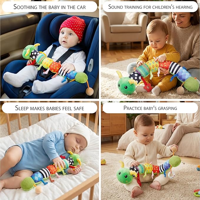 Baby Toys 0-6 Month Musical Caterpillar Toy for Infant 0-3 3-12 Months,Mirror Crinkle Rattle Tummy Time Sensory Toys Newborn Boys&Girls Stuffed Plush Gifts,Car Seat Toys for Outings