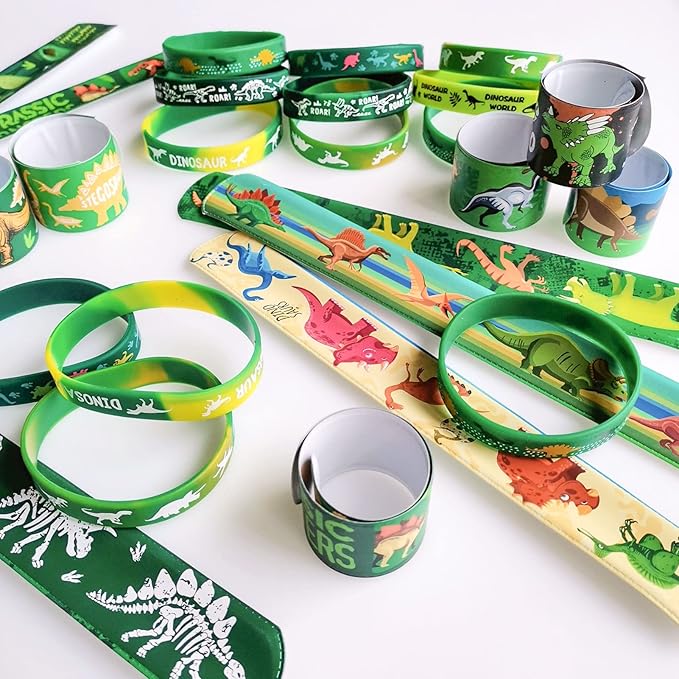 Tacobear 48Pcs Dinosaur Slap Bracelets Rubber Wristbands for Kids Boys Girls Birthday Party Favors Supplies Classroom Prize Gifts Dinosaur Goodie Bag Fillers
