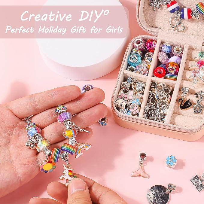UFU Charm Bracelet Making Kit - Girls 95 Pcs DIY Beaded Jewelry Making Kit, Unicorn & Mermaid Gifts for Girls Crafts for Girls Ages 5 6 7 8-12, with a Portable Bracelet Organizer Box