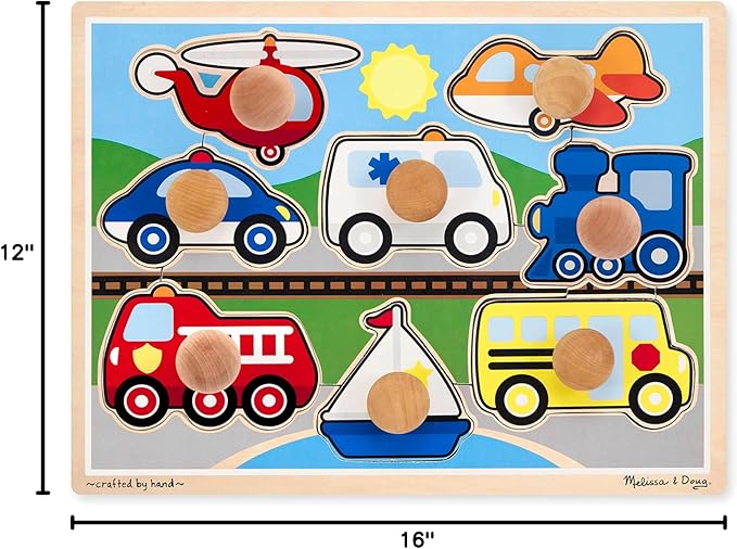 Melissa & Doug Vehicle Jumbo Knob Puzzle, Wooden Peg Puzzle for Toddlers, Educational Toy for Shape Recognition and Fine Motor Skills, Ages 1+