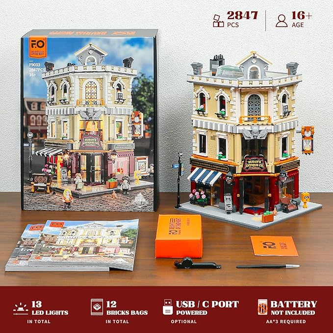 FUNWHOLE Antique-Store Lighting Building-Bricks Set - City Town Corner Collectibles Shop LED Light Modular Building Model Set 2847 Pcs for Adults and Teen