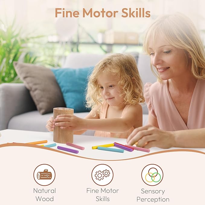 Wooden Montessori Sticks Toys for 1-3 Year Old, 7 Colors Sorting Learning Toys for Toddlers 1 2 3, Developmental Sensory Toys for Babies, Fine Motor Skills Travel Gifts for Baby Boys Girls
