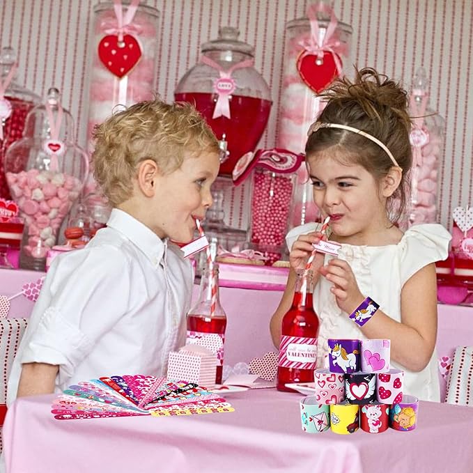 100Pcs Valentine's Day Slap Bracelets, Valentine Party Favors Snap Wristbands for Kids Exchange Gifts, Goodies Stocking Stuffers, Classroom Prizes