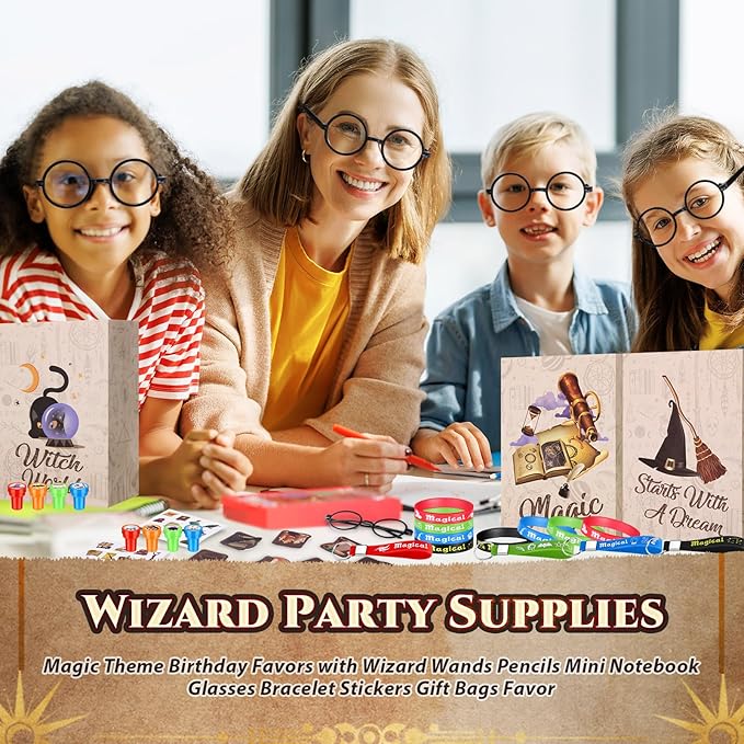 Yexiya 216 Pcs Wizard Party Supplies Magic Theme Birthday Favors with Wizard Wands Pencils Mini Notebook Glasses Bracelet Stickers Gift Bags Favor for Goodie Bag Stuffers Classroom Prizes Supplies