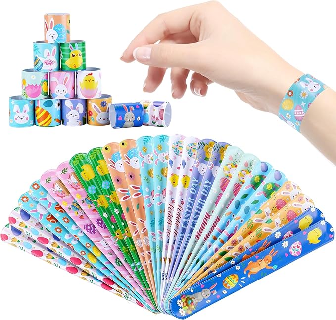 xutengy 48Pcs Easter Party Favors Decorations Slap Bracelets Rubber Wristbands for Kids Girls Boys,Easter Basket Stuffers Easter Egg Fillers Gifts for Toddlers
