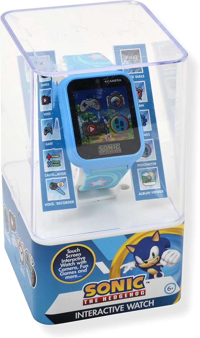 Accutime Kids SEGA Sonic The Hedgehog Blue Educational Touchscreen Smart Watch Toy for Boys, Girls, Toddlers - Selfie Cam, Learning Games, Alarm, Calculator, Pedometer (Model: SNC4133AZ)