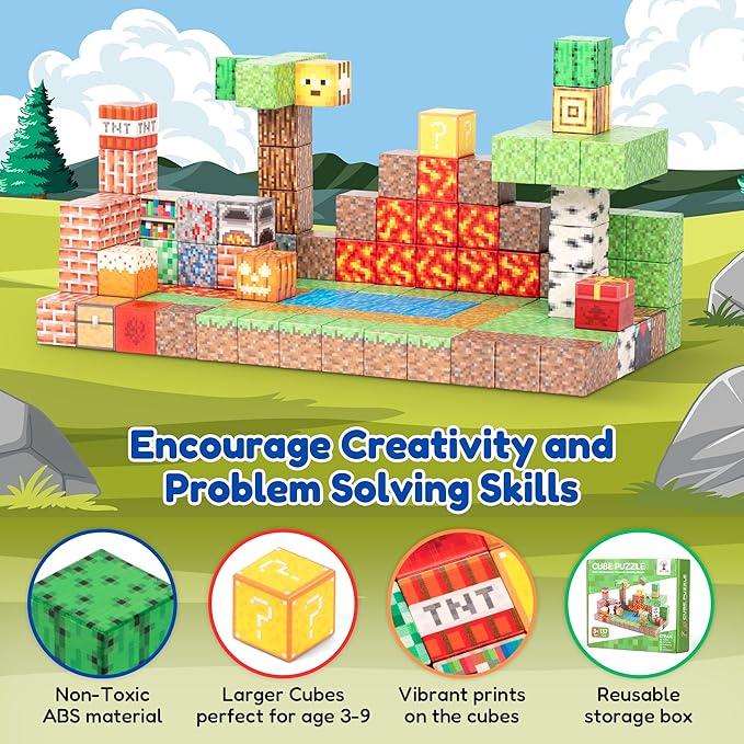 137PCS Magnetic Building Blocks Construction - STEM Magnetic Toys Sensory Set with Animal Figurines & Booklet - 1" Magnet Cube for Boys Girls, Game Based Magnetic Blocks for Kids 3-9