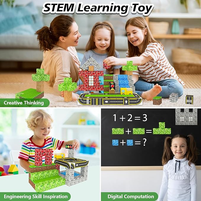 100PCS Magnetic Building Blocks for Kids Ages 4-8,Magnet STEM Sensory Toys- Mine World Build Set,Tiles Road Track,Christmas Birthday Gifts Toy