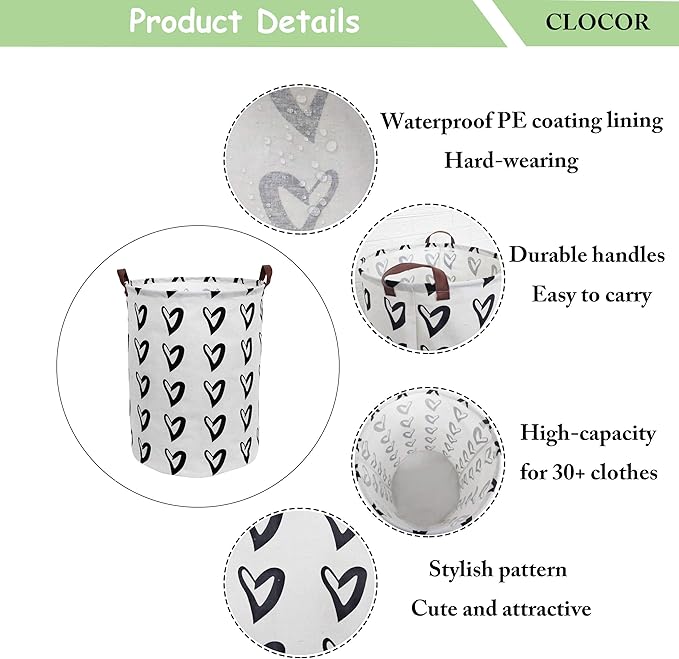 CLOCOR Large Laundry Basket,Waterproof Nursery Hamper,Collapsible Fabric Storage Container,Room Decor,Gift Basket(Black Heart