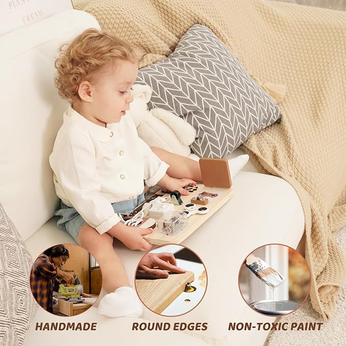 Potatomato Busy Board Toddlers - Montessori Educational Fidget Toys for Baby 1 2 3 4 Years Old - Wooden Sensory Toys Autistic Children - Preschool Learning Activities Fine Motor Skills – Travel Toy