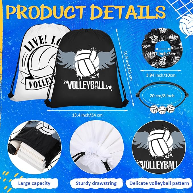 Yungyan 48 Pcs Volleyball Party Favors Set Volleyball Goodie Bags 24oz Volleyball Cups with Lids Sport Drawstring Bags Volleyball Hair Ties Bracelets for Team Gifts Volleyball Party Supplies