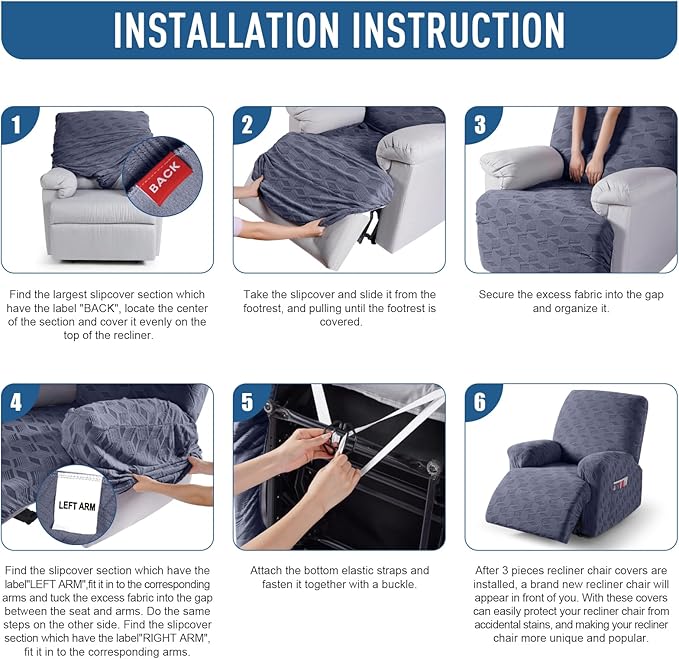 TAOCOCO Recliner Cover 3 Pieces Recliner Chair Covers, Stretch Jacquard Reclining Chair Cover, Furniture Protector Sofa Slipcovers Couch Covers with Elastic Bottom for Kids, Pets (Grey)