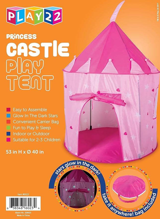 Play22 Play Tent Princess Castle Pink - Features Glow in The Dark Stars - Portable - Kids Pop Up Tent Foldable Into A Carrying Bag - Indoor and Outdoor Use - Original
