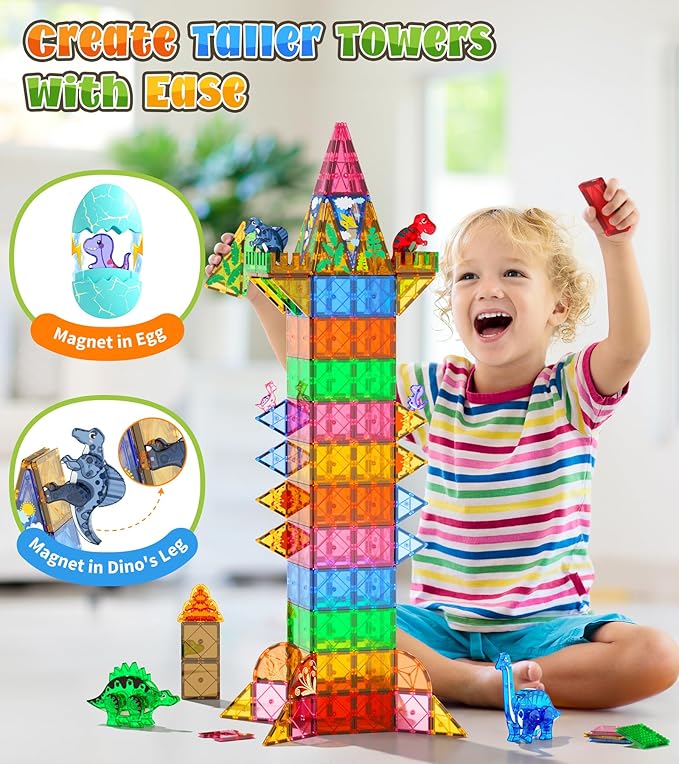 105 Pcs Dinosaur Egg Magnetic Tiles Set - 2 Eggs, 2 Baby Dinos & 5 Large Dinosaurs Toys for Kids 3-5, Magnet Building Blocks for Toddlers 1-3 & Kids Ages 4-8