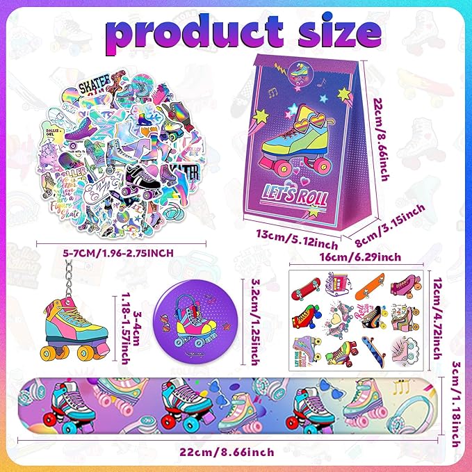 110PCS Roller Skate Party Favors with Slap Bracelets, Stickers, Key Chains, Pin Badges, Tattoos and Gift Bags for Kids Throwback 90s Hip Hop Roller Skating Birthday Party Decorations Supplies