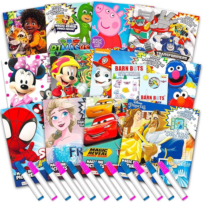 12 Mess Free Imagine Ink Coloring Book Set for Kids - Bulk Bundle with 12 No Mess Coloring Books, Barn Bots Stickers and Door Hanger (Paw Patrol, Princess, Mickey, Minnie, Spidey, Peppa Pig)