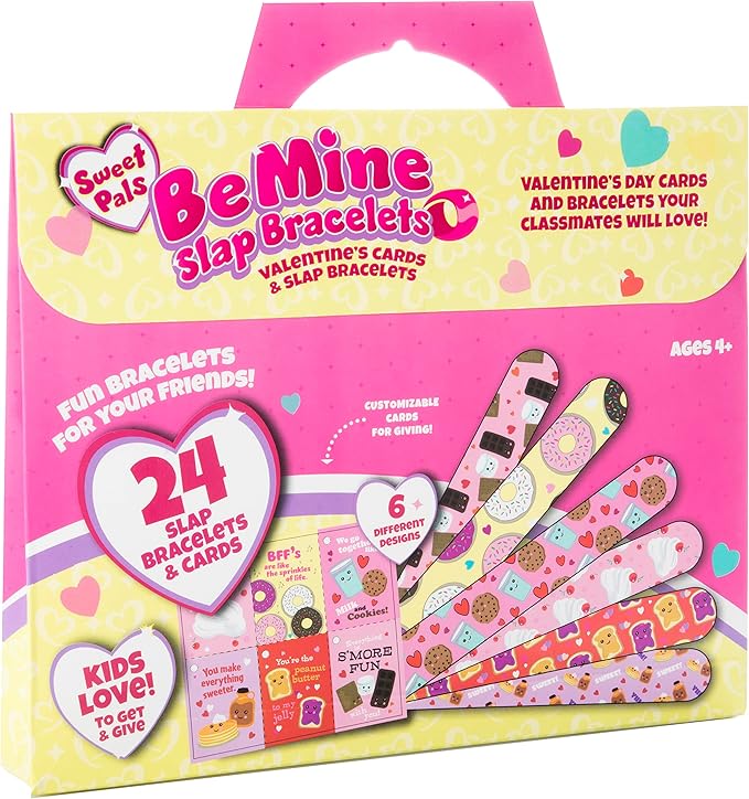 Set of 24 Valentines Cards for Kids Classroom - Valentine's Day Sweet Pals Slap Bracelets for Kids School - Each Valentines Gift Includes a Friendship Bracelet & Card for Boys Girls Classroom Exchange