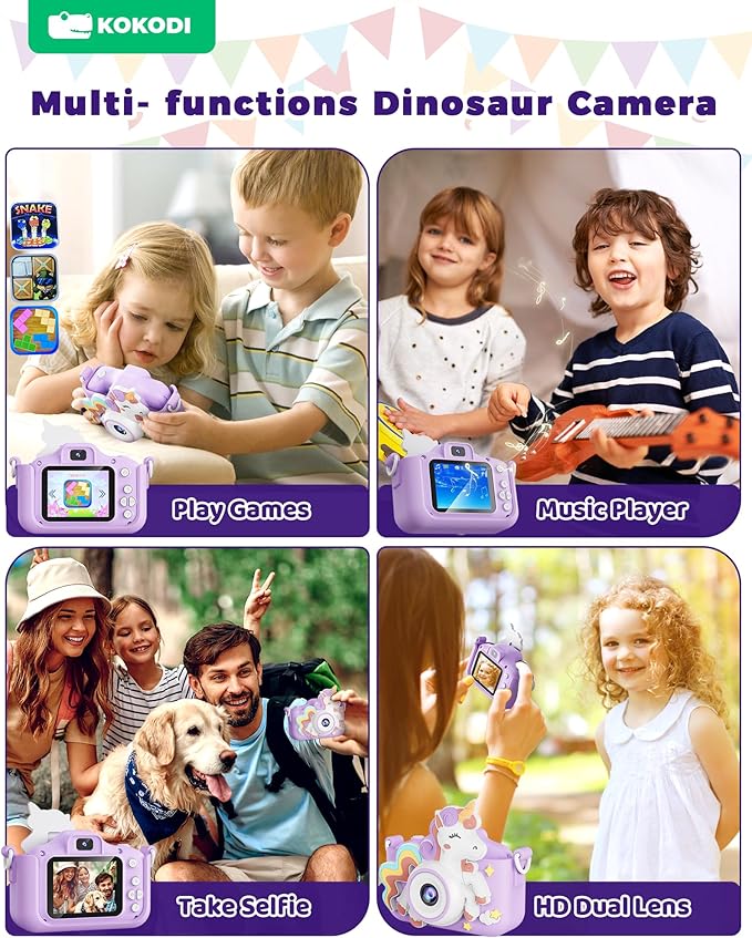 KOKODI Kids Camera Toy Digital Camera for Kids, Birthday Gifts for Girls Age 3-12, 1080P HD Video Camera for Toddler, Unicorn Children Toys for 3 4 5 6 7 8 9 Year Old Girls with 32GB SD Card (Purple)