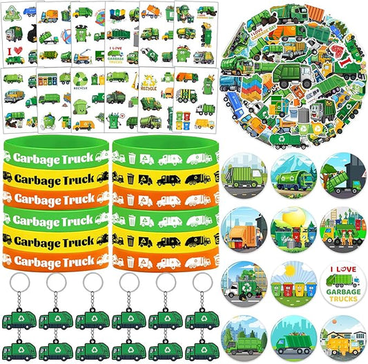 110 PCS Garbage Truck Party Favors, Garbage Trash Truck Tattoos Silicone Bracelets Keychains Stickers Badges for Garbage Truck Birthday Party Decorations Supplies Gifts for Kids Classroom Rewards