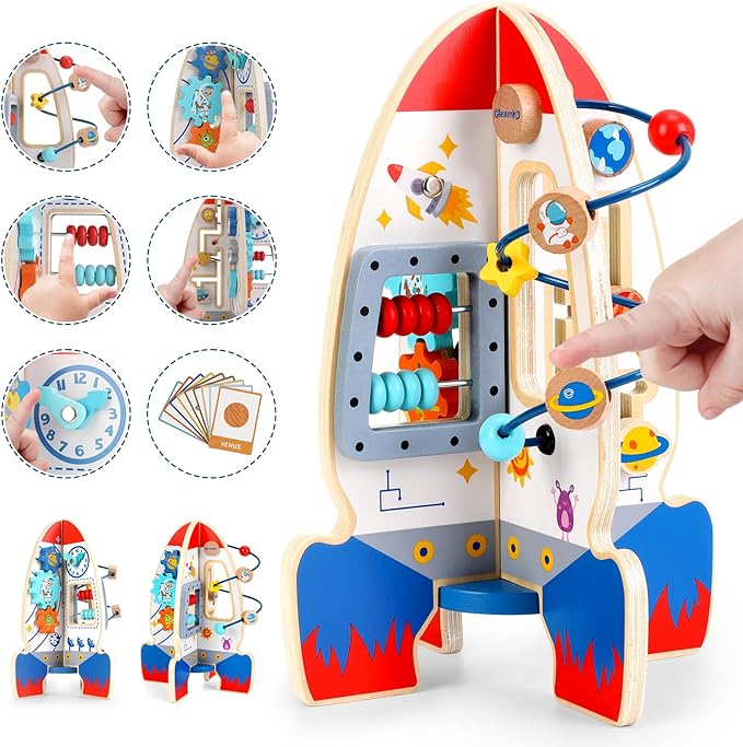 Baby Space Rocket Wooden Activity Cube Montessori Toys, 6-in-1 Sensory and Educational Learning Toys with Bead Maze Abacus, STEM Developmental Birthday Gifts for Toddler Boy Girl Ages 2 3 4